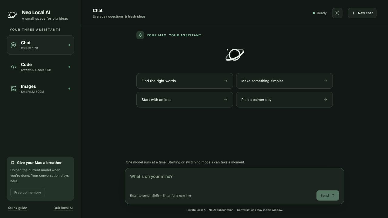Neo Local AI in dark mode, with Chat, Code and Images assistants
