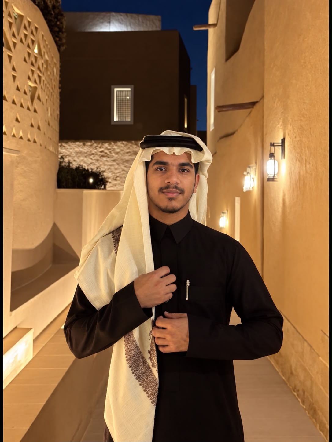 Omar Imran in black attire in an evening courtyard