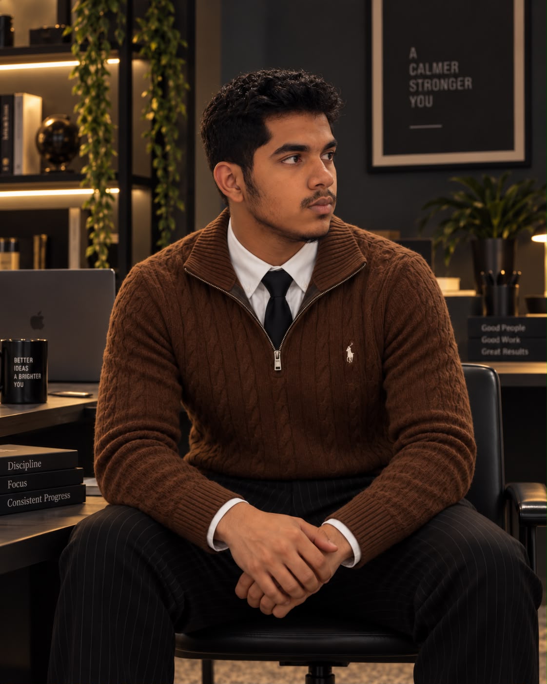 Omar Imran seated in a workspace, wearing a brown knit sweater